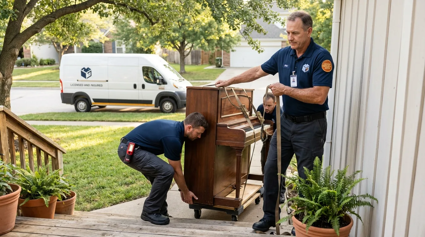Licensed piano movers securing grand piano in Belding, MI