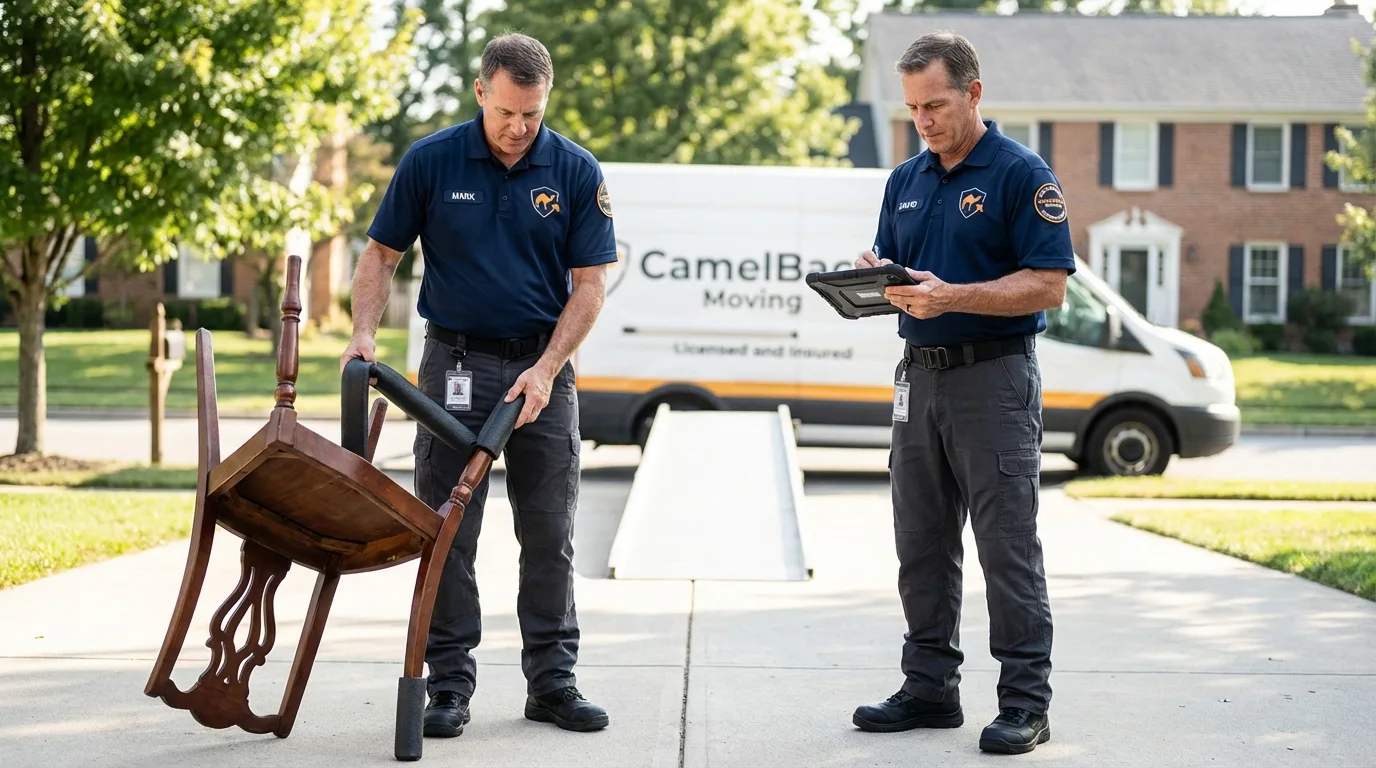 Movers inspecting furniture for damage prevention before loading in Belding, MI