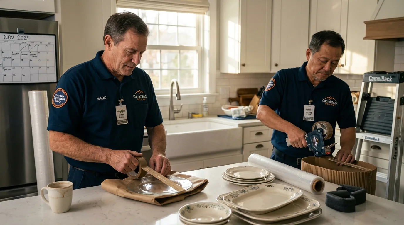 Professional crew packing kitchen dishware in Belding, MI